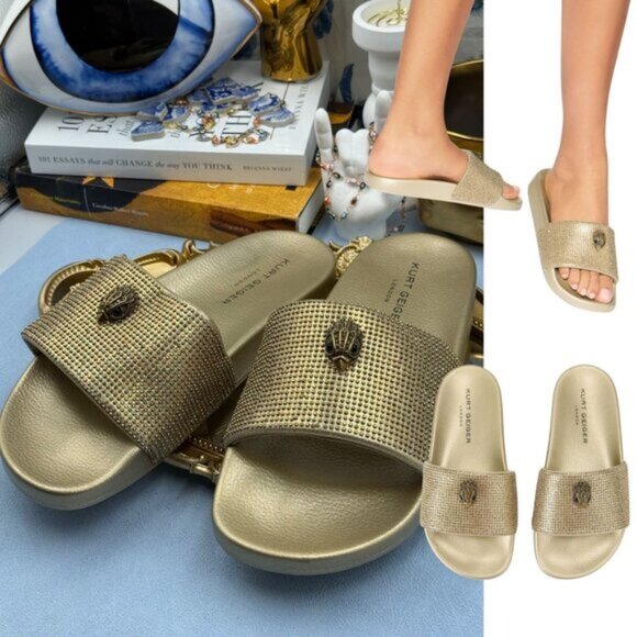 🆕 KURT GEIGER LONDON 🧿 NWOB Meena Eagle Gold Crystal Studded Slide, Sz US 12 - Picture 1 of 12